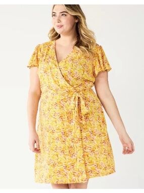 Nine West Yellow & Orange Abstract Floral Print Flutter Sleeve Faux Wrap Dress